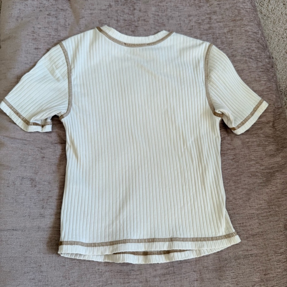 Frame- Contrast Stitch Rib-knit T-shirt In Bone - Picture 7 of 8